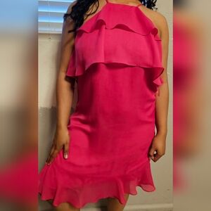 Charles Henry Hot Pink Ruffle Halter Dress